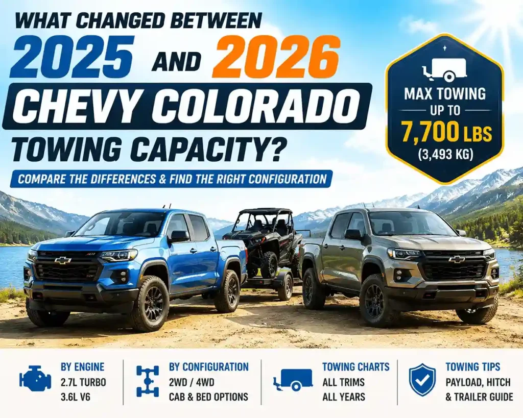 A promotional infographic comparing the 2025 and 2026 Chevy Colorado models, featuring a blue and a gray truck towing a UTV by a lake with mountains in the background. The image highlights a max towing capacity of up to 7,700 lbs and lists engine options, configurations, and towing tips, effectively illustrating the chevy colorado towing capacity differences across model years.