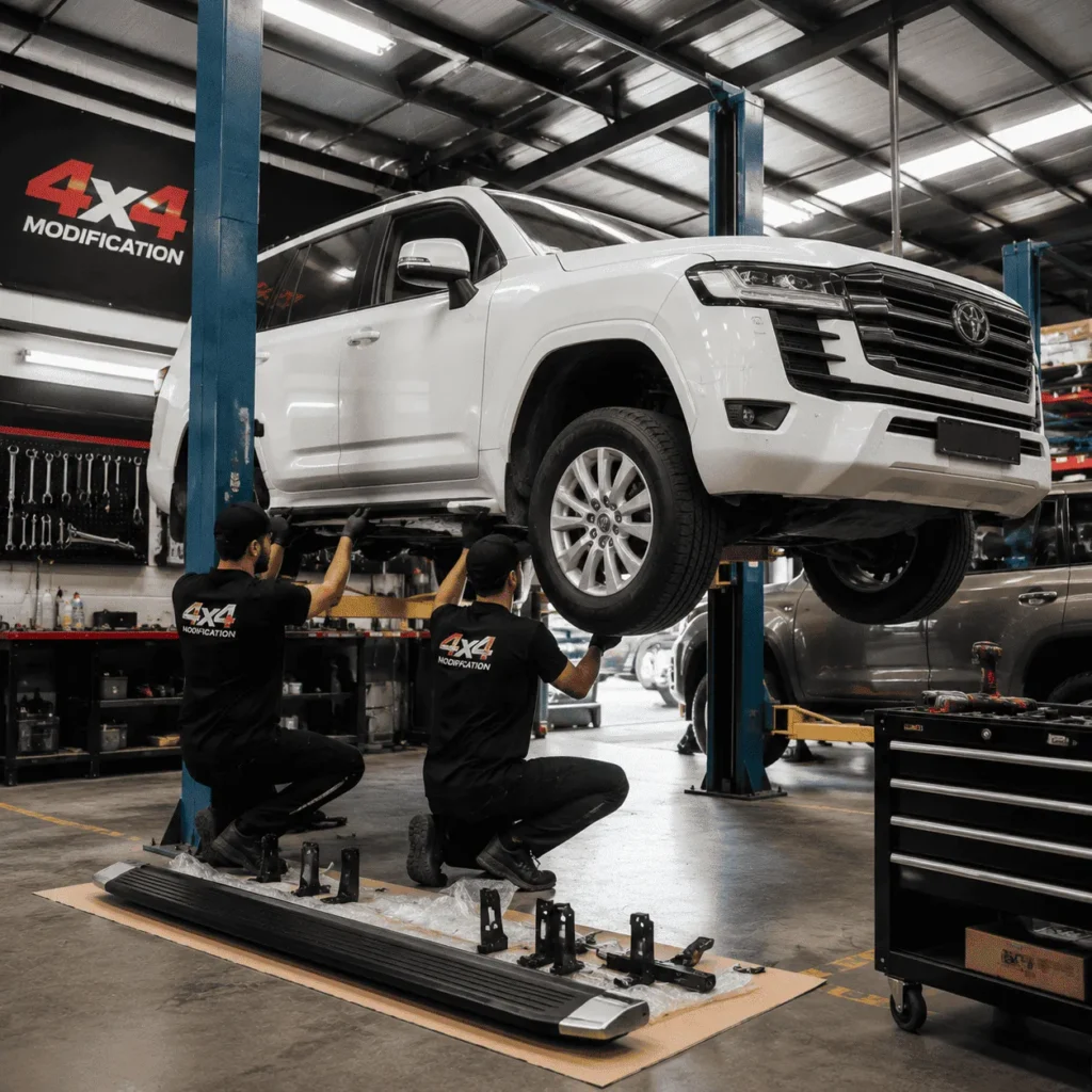 Technicians installing electric power running boards on an SUV in a 4x4 modification shop.