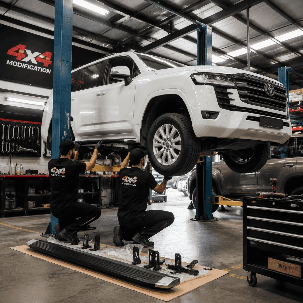 Technicians installing electric power running boards on an SUV in a 4x4 modification shop.