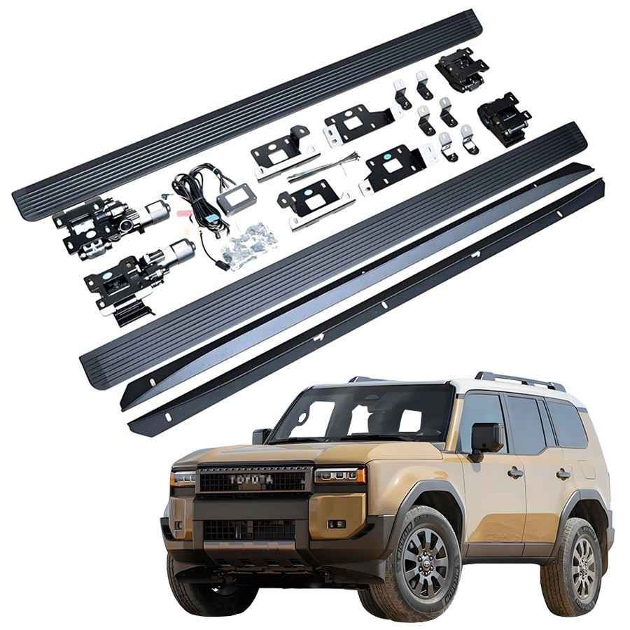 Complete installation kit for Land Cruiser 250 power running boards, including two side steps, motors, mounting brackets, and wiring harness, displayed above a sand-colored Land Cruiser 250 SUV.