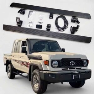 Complete installation kit for Land Cruiser 79 power running boards, including two side steps, mounting brackets, motors, and wiring harness, displayed above a beige Land Cruiser 79 pickup.