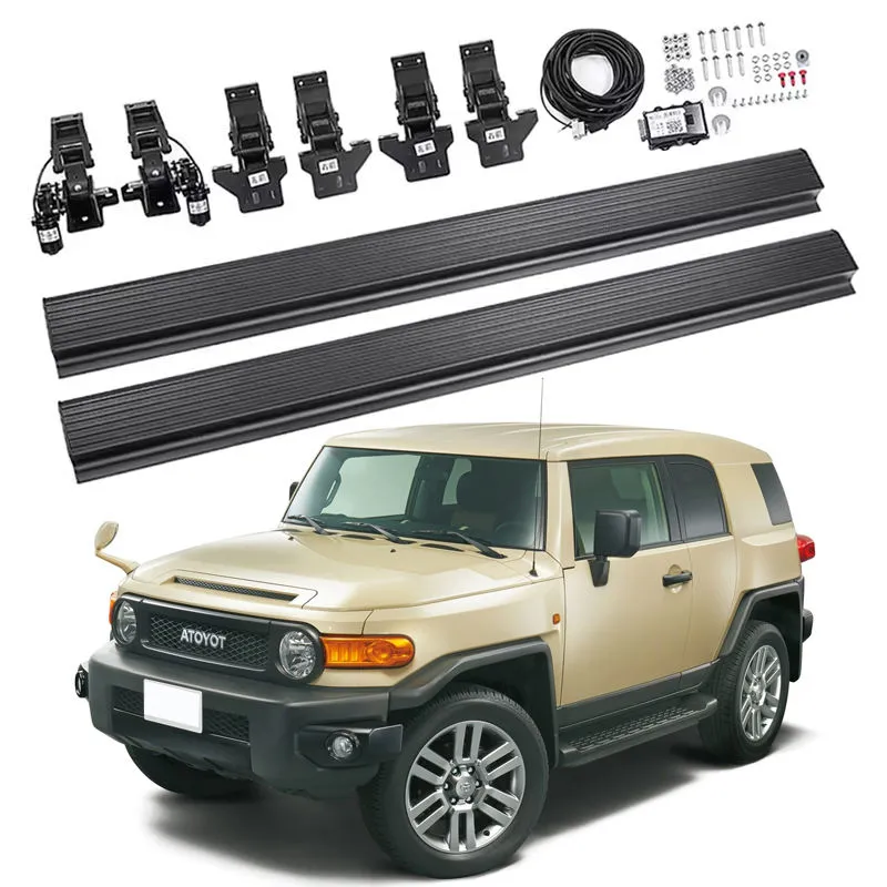 Toyota FJ power running boards kit including two aluminum side steps, motor brackets, wiring harness, and control module displayed next to a beige Toyota FJ Cruiser vehicle.