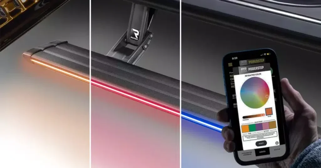 AMP Research PowerStep and Anti-PowerStep electric running boards safety and control feature display, showcasing automatic deployment mechanism with reverse protection and obstacle detection for pickup truck and SUV side steps.