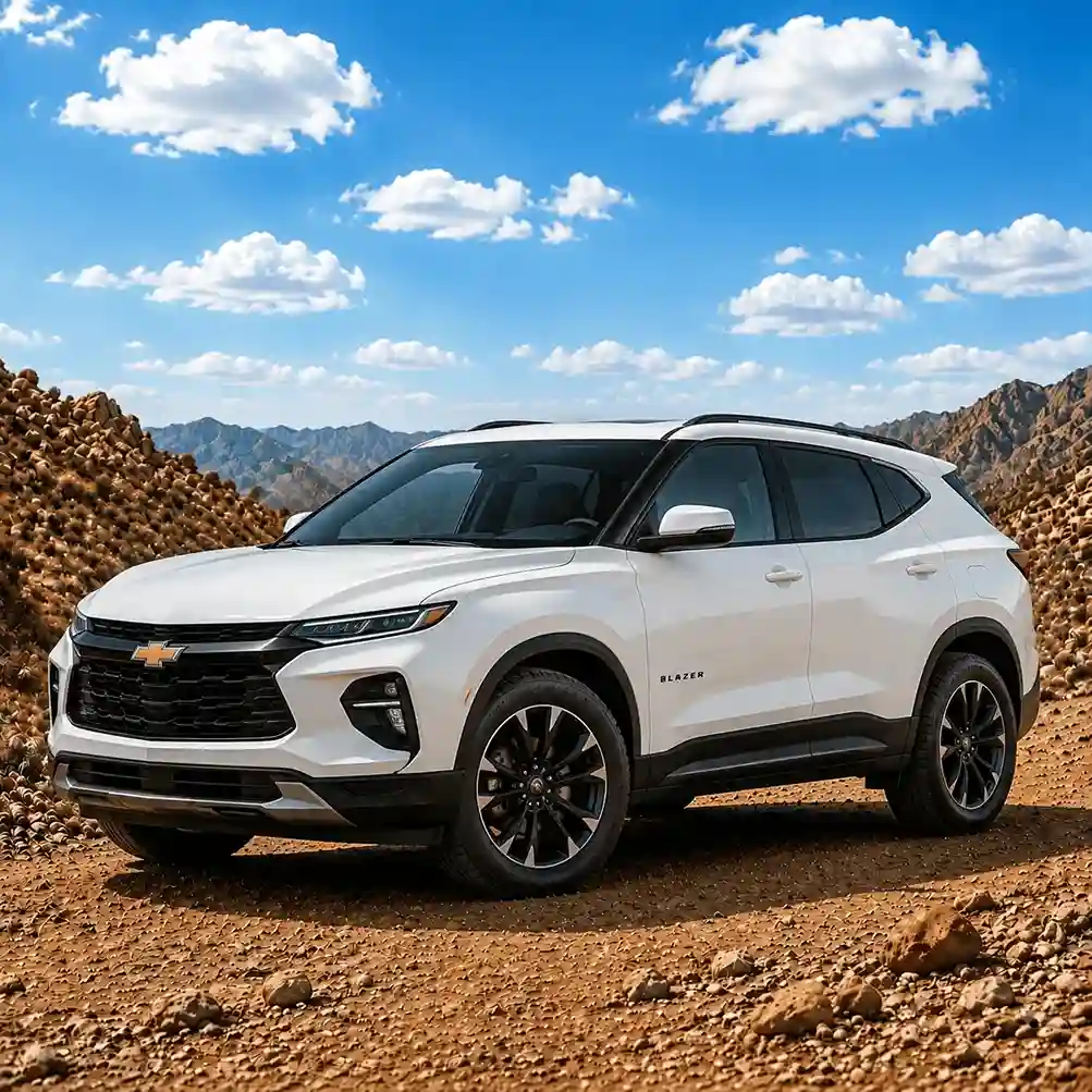 White Chevy Blazer mid-size SUV showing side profile and sturdy chevy running boards on a rugged terrain.