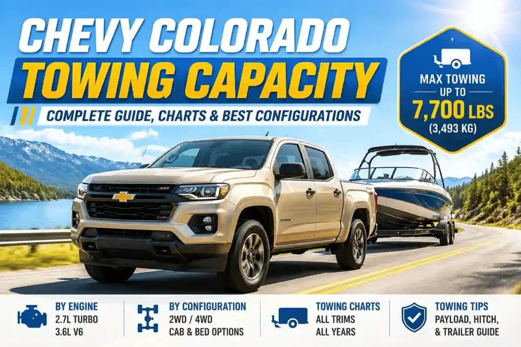 Chevy Colorado towing capacity overview chart showing max towing up to 7,700 lbs, with details by engine (2.7L Turbo and 3.6L V6), configurations, cab & bed options, payload, hitch, and trailer guide for all trims and years.
