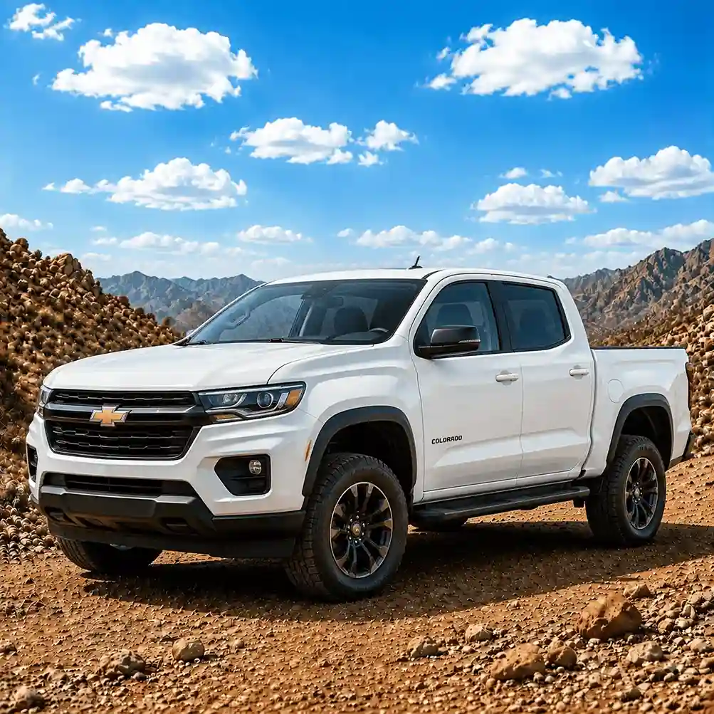 White Chevy Colorado pickup truck with heavy-duty off-road chevy running boards parked on a gravel hill.