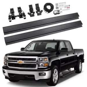 Complete electric running board kit including brackets, wiring, and mounting hardware for a black Chevy Silverado 1500.