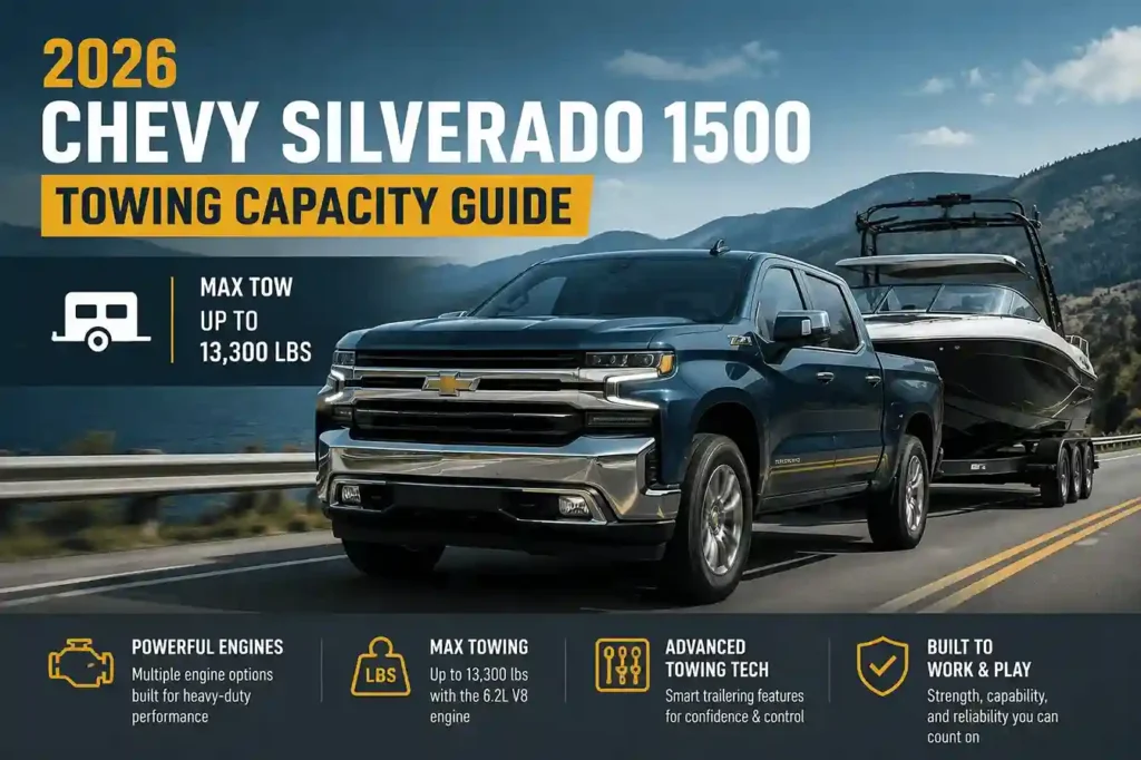 2026 Chevy Silverado 1500 towing capacity guide showing max tow up to 13,300 lbs with 6.2L V8 engine and smart trailering features.