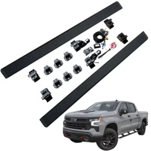 Complete kit of Chevy Silverado Power Running Boards with brackets, wiring harness, and a gray pickup truck.