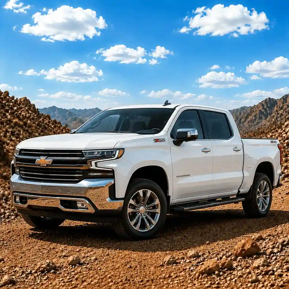 White Chevy Silverado full-size pickup with premium chrome chevy running boards in an outdoor off-road environment.