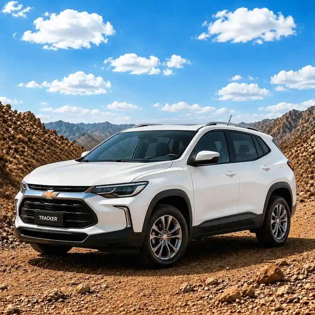 Front three-quarter view of a white Chevy Tracker compact SUV equipped with modern chevy running boards against a blue sky.