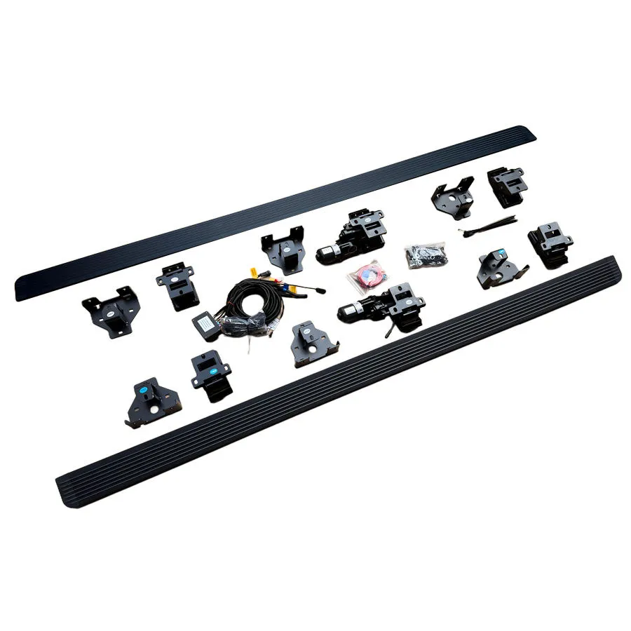 Full kit for jeep jk running boards including electric motors, brackets, and wiring harness