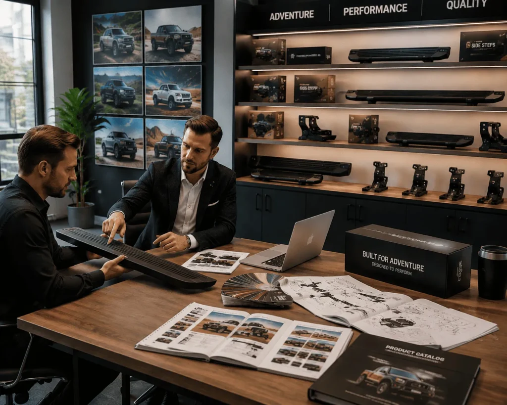 OEM brand product development meeting reviewing custom power running boards and packaging.