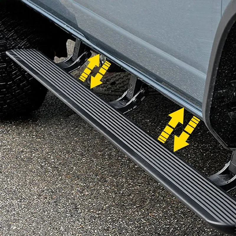 Deployed electric running boards with yellow movement indicator arrows illustrating the operation of ford bronco running boards.