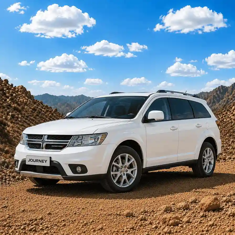White Dodge Journey SUV equipped with durable ram running boards parked on a rocky desert trail under a blue sky.