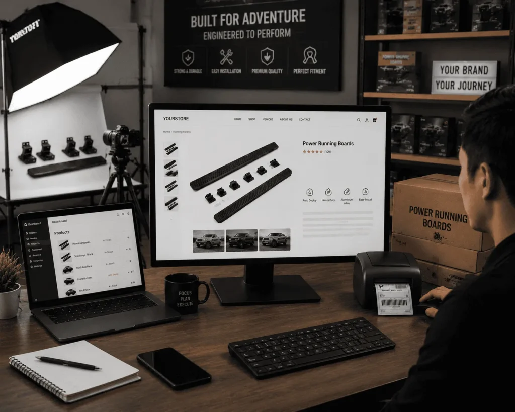 An online automotive retailer managing product listings and orders for power running boards.