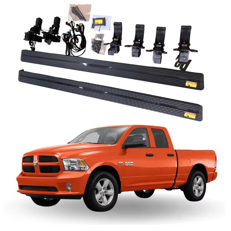 A complete set of retractable electric running boards ram 1500 accessories with brackets and motors shown above an orange pickup truck.
