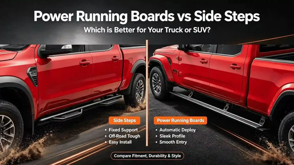 Side-by-side comparison of a red pickup truck showing fixed tubular side steps on the left versus automatic electric side steps (power running boards) on the right, detailing support and deployment features.