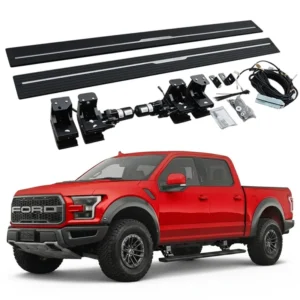 Complete electric accessory set and mounting brackets for f150 running boards displayed with a red pickup truck.