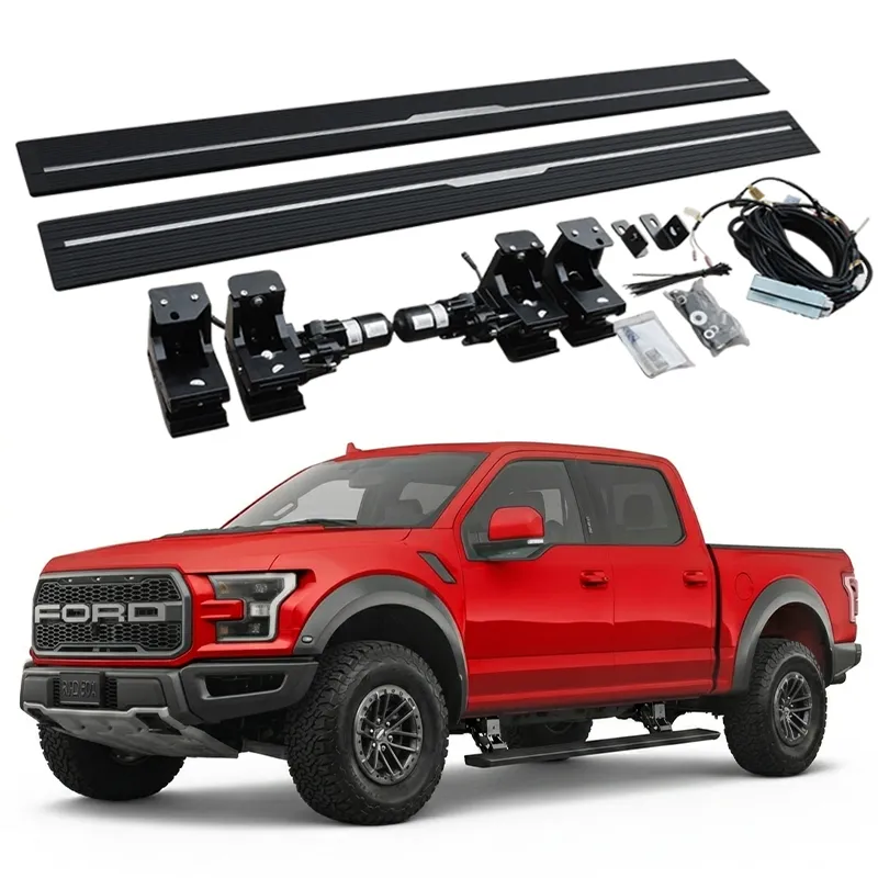 Complete electric accessory set and mounting brackets for f150 running boards displayed with a red pickup truck.