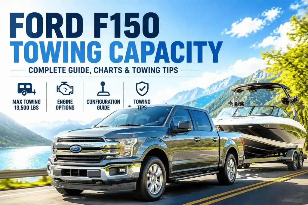 Ford F-150 towing capacity complete guide chart showing max 13,500 lbs, engine options, configuration requirements, and towing tips.
