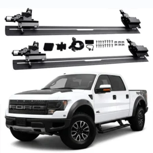 Complete electronic accessory set and mounting hardware for ford f150 running boards displayed with a white truck.