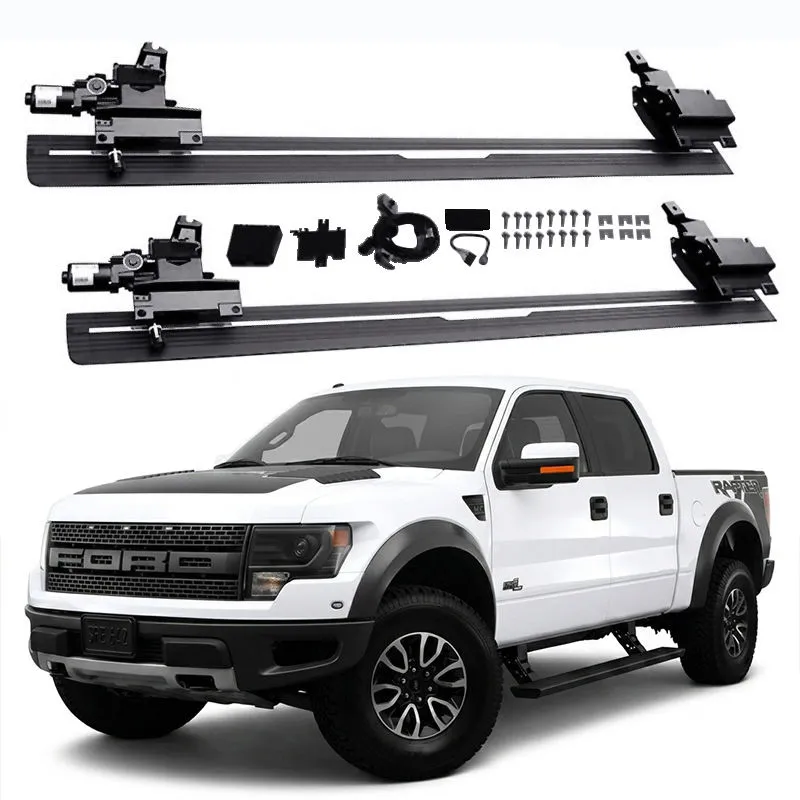 Complete electronic accessory set and mounting hardware for ford f150 running boards displayed with a white truck.