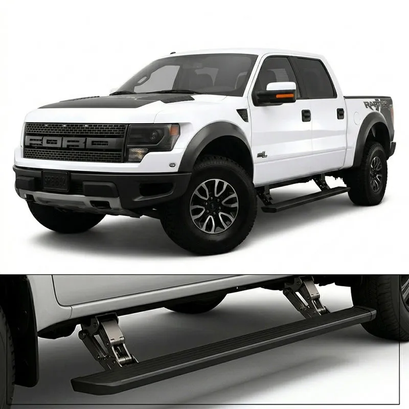 White pickup truck front view paired with a close-up of deployed ford f150 running boards below the door.