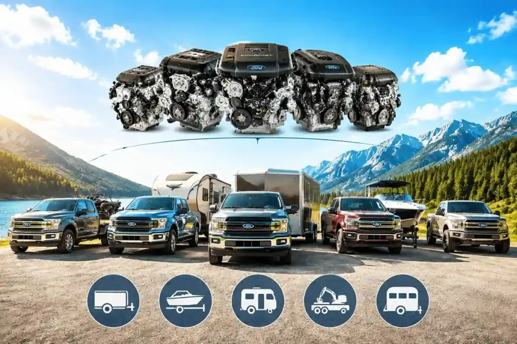 This promotional graphic highlights the ford f150 towing capacity, featuring the trucks effortlessly towing heavy equipment, RVs, and boats across a scenic mountain landscape with the EcoBoost engine family hovering above.