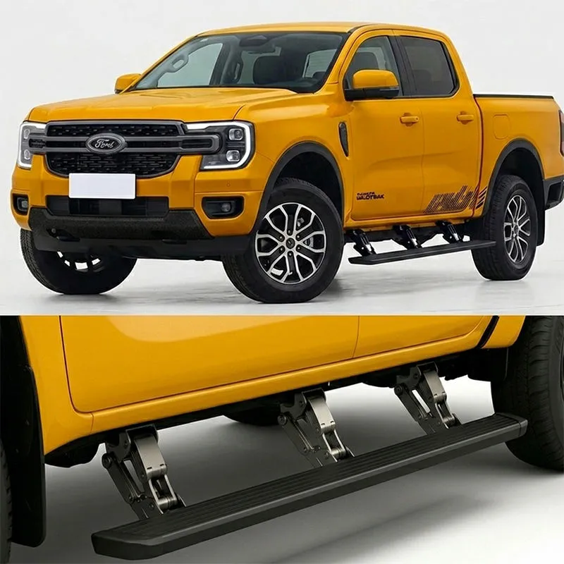 A bright yellow pickup truck equipped with deployed electric ford ranger running boards.