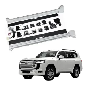Complete power running boards installation kit with all hardware shown, suitable for a large SUV like a Toyota Land Cruiser.