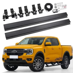 Complete set of hardware, brackets, and electric motors for ford ranger running boards displayed with a yellow vehicle.