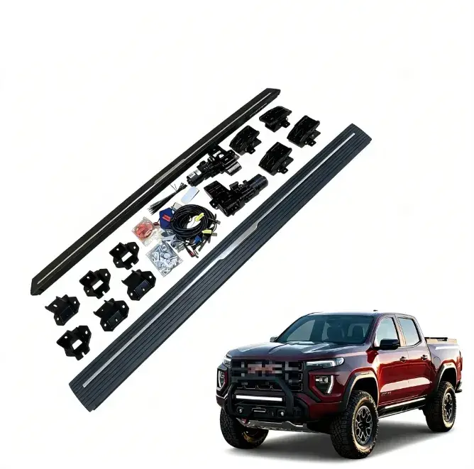 Complete electric running boards kit with mounting brackets displayed next to a red gmc canyon pickup truck.
