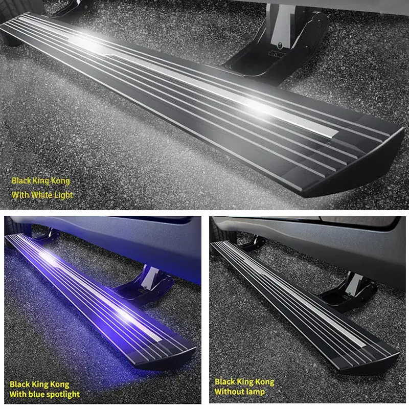 Close-up details of gmc canyon running boards featuring white light, blue spotlight, and non-lamp options.