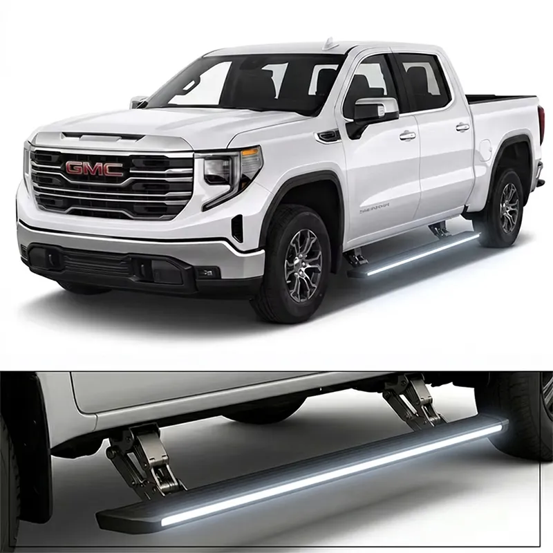 Demonstration of motorized deployment and LED illumination on gmc sierra 1500 running boards.