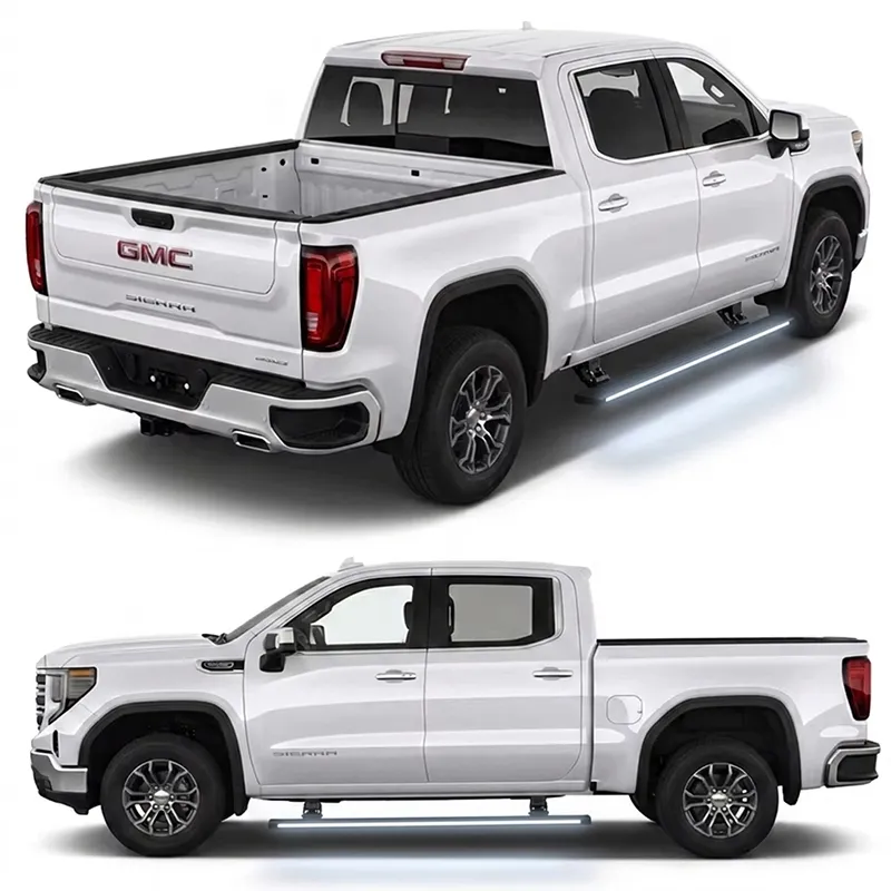 Rear and side profile angles of a white pickup truck equipped with gmc sierra 1500 running boards.