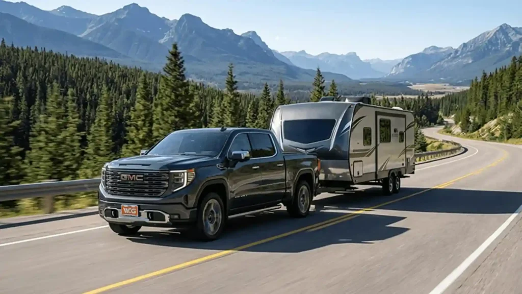 A black GMC Sierra 1500 towing a large travel trailer along a winding mountain road, demonstrating its powerful gmc sierra 1500 towing capacity.