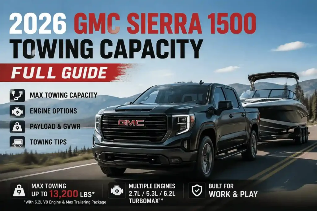 A black GMC Sierra 1500 towing a boat on a lakeside road, showcasing its impressive gmc sierra 1500 towing capacity.