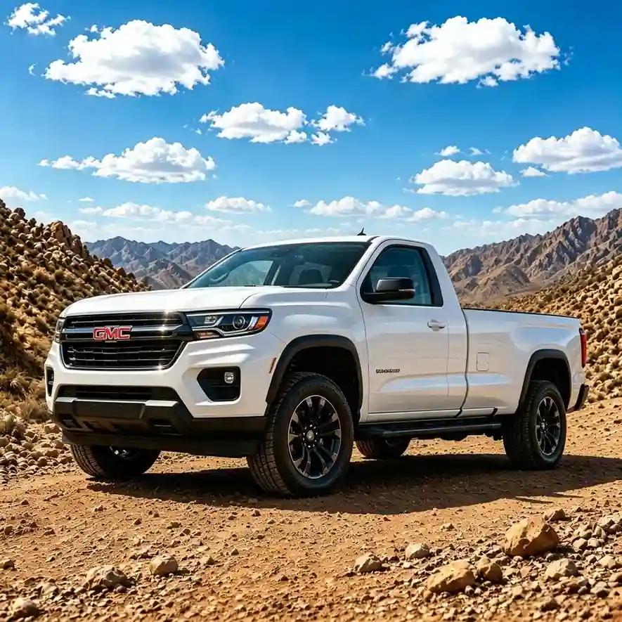 White 2-door GMC Sierra 1500 pickup truck equipped with heavy-duty gmc running boards on a rocky desert terrain.