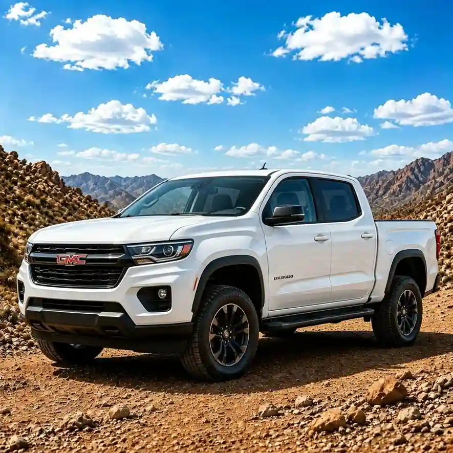 White 4-door GMC Sierra 1500 crew cab pickup featuring rugged gmc running boards against a scenic blue sky backdrop