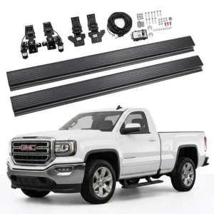 Complete electric side step kit and installation brackets for gmc sierra running boards displayed alongside a white pickup truck.