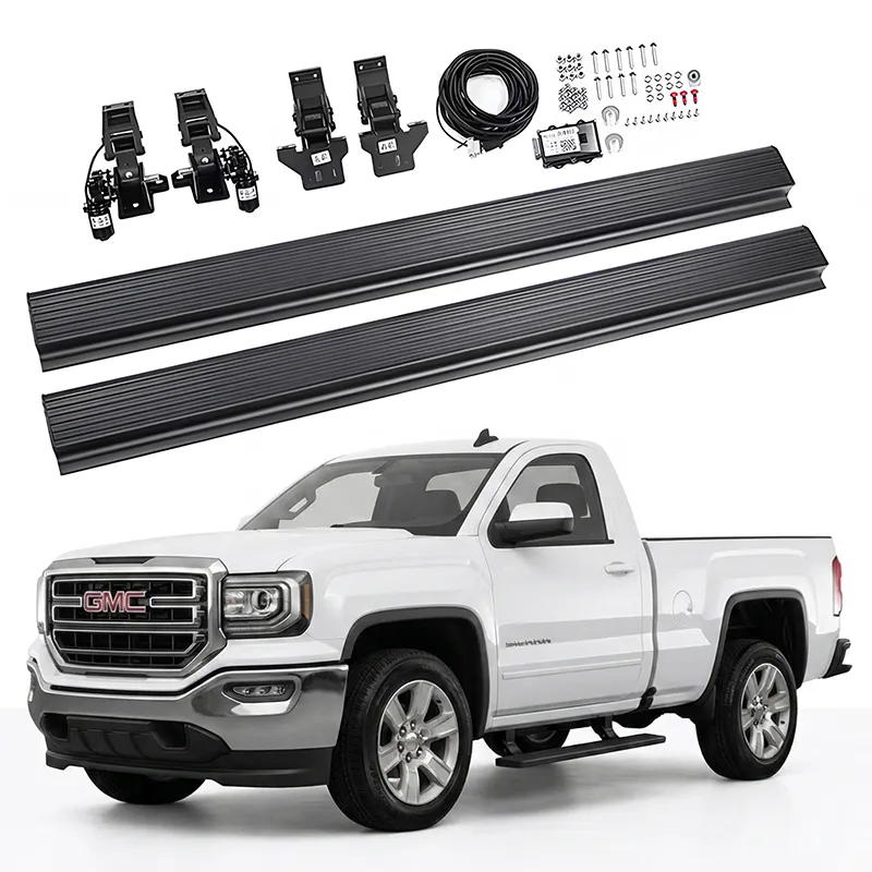 Complete electric side step kit and installation brackets for gmc sierra running boards displayed alongside a white pickup truck.