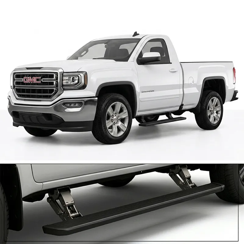 Detailed view of the motorized hinge mechanism and deployed gmc sierra running boards on a white pickup truck.