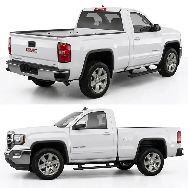 Front, rear, and side profile angles of a white pickup truck equipped with gmc sierra running boards.