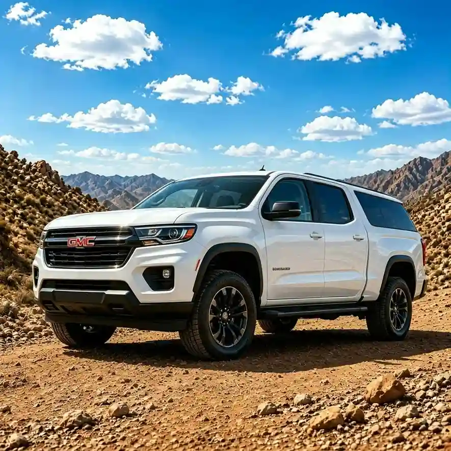 White GMC Yukon full-size SUV equipped with sleek gmc running boards parked in a dry desert landscape.