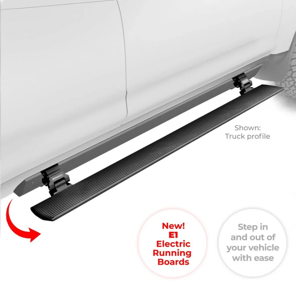 Go Rhino E1 Electric Running Boards shown deployed on a white truck profile, featuring black grooved aluminum steps and automatic power-retractable drop-down brackets.