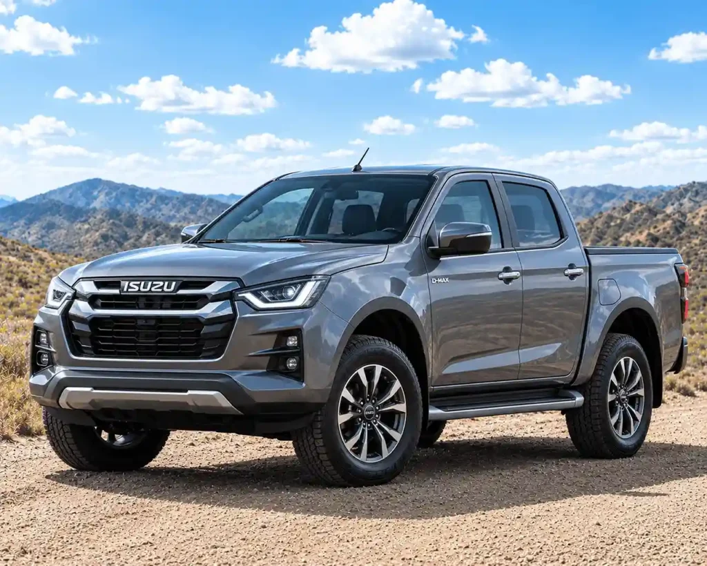 A grey Isuzu D-Max pickup truck parked in a rugged mountain landscape, featuring Isuzu power running boards along the side.