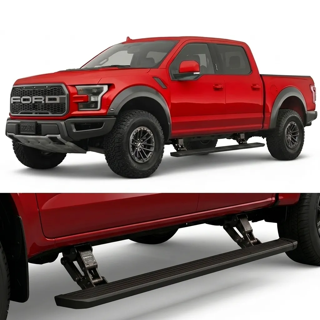 Detailed view of the heavy-duty motorized hinge mechanism supporting f150 running boards on a red pickup.