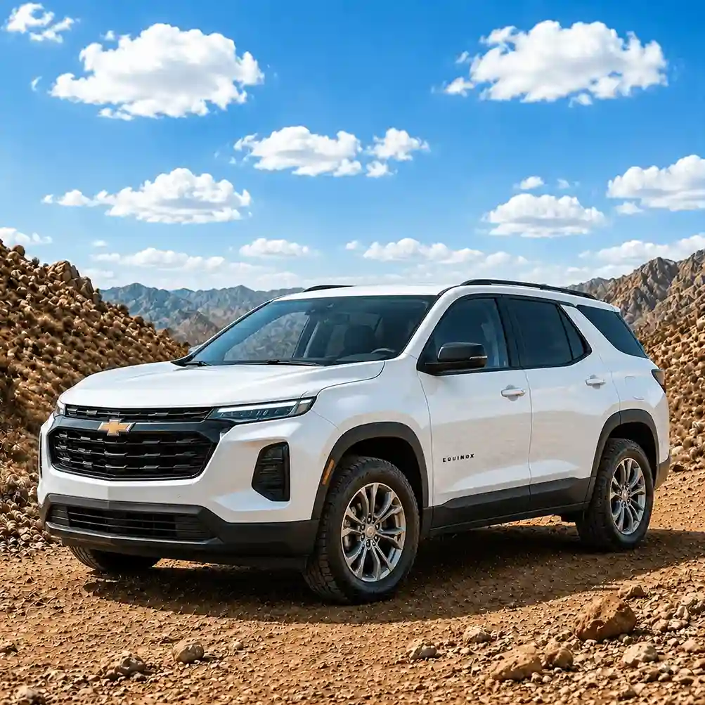 White Chevy Equinox SUV featuring sleek chevy running boards parked in a dry rocky desert landscape.