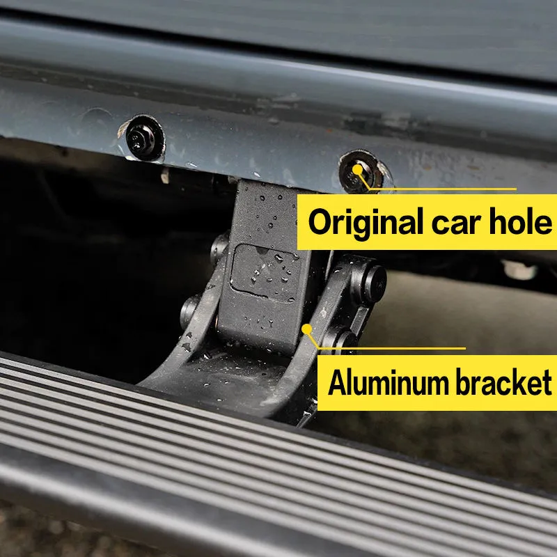 Close-up detail showing the original car hole and aluminum bracket installation for ford bronco running boards.
